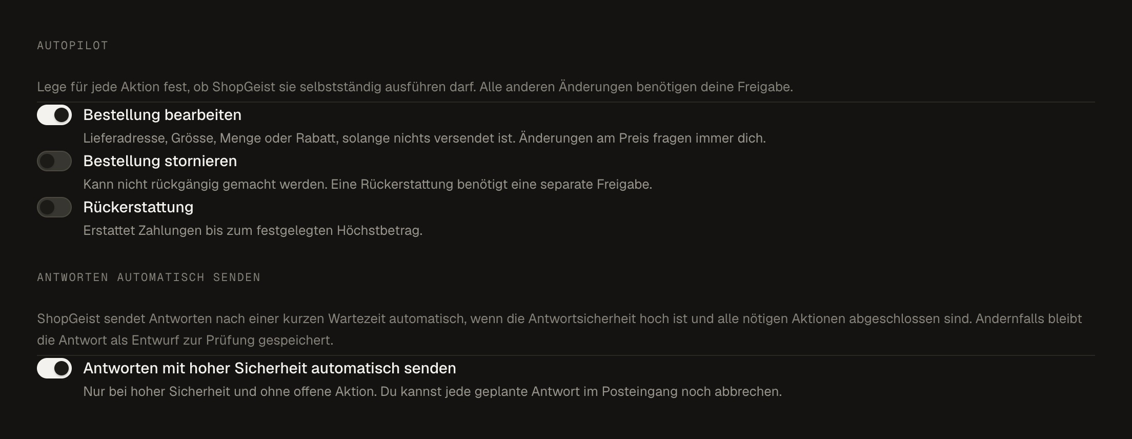 ShopGeist autopilot with separate permissions for order edits, cancellations and refunds