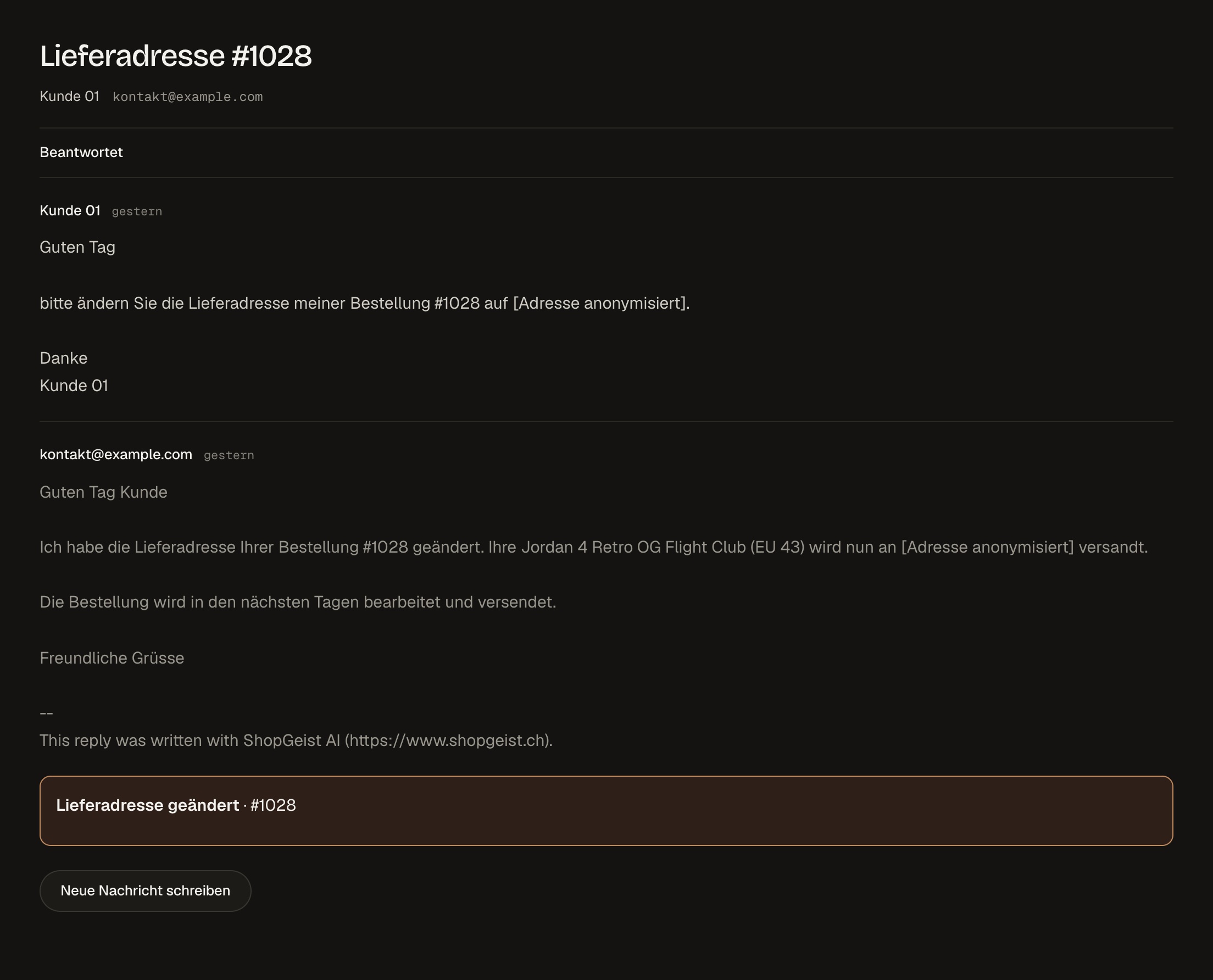 A real ShopGeist conversation showing a completed address change